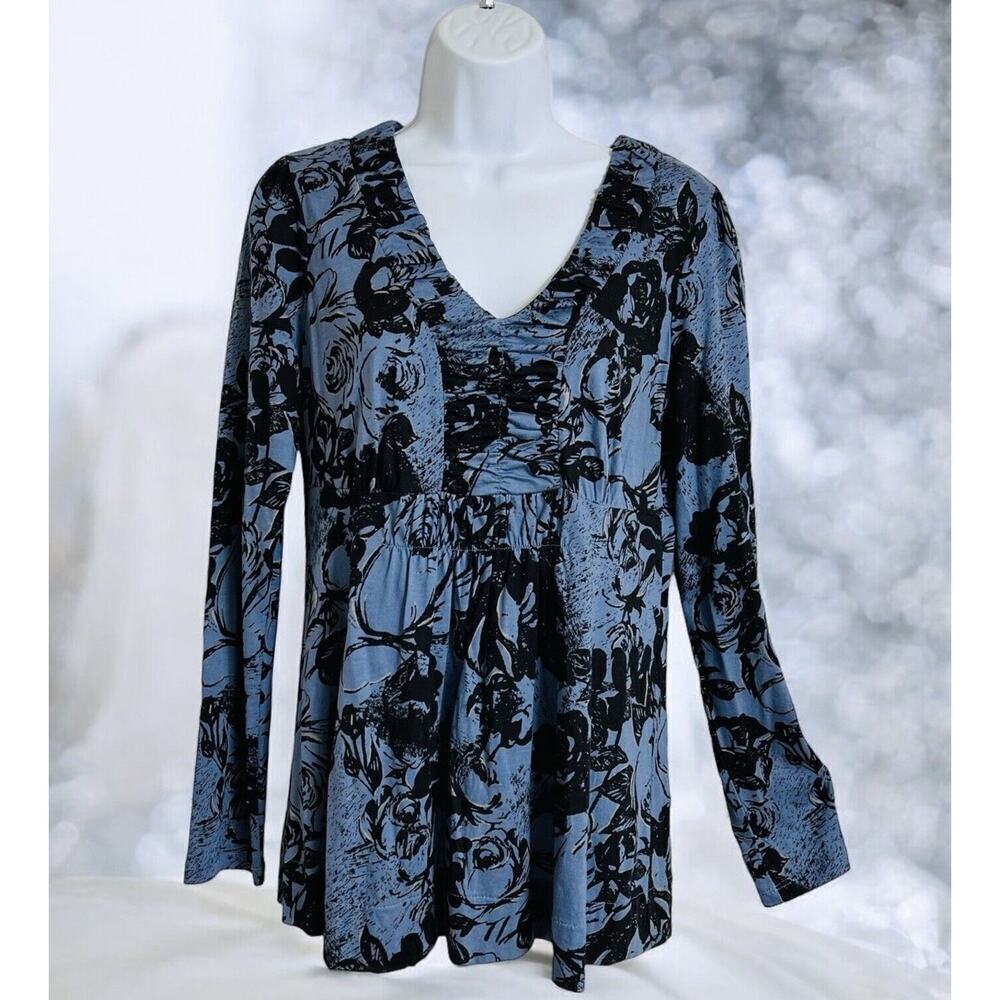 ELLE‎ Women's M Pullover Blouse V Neck Long Sleeves Pima Cotton & Modal Top
